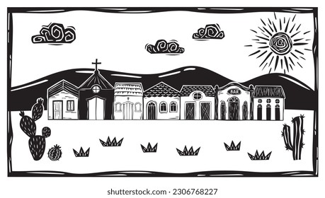 Village of simple houses and little church, sunny sky with clouds in the interior of Brazil. Vector woodcut, Cordel from the Brazilian Northeast