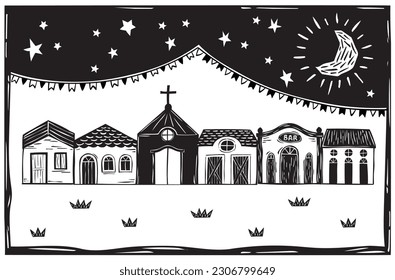 Village of simple houses and little church, night with moon and stars in the interior of Brazil. Vector woodcut, Cordel from the Brazilian Northeast