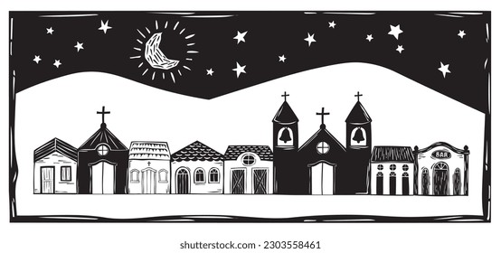 Aldea de casas simples y pequeña iglesia, noche con luna y estrellas en el interior de Brasil, vector de madera, al estilo Cordel del noreste brasileño