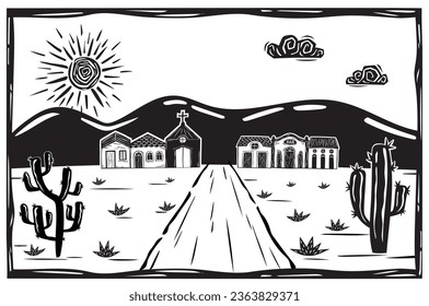 Village of simple houses and small church in the interior of the country, long road in desert region, mountains and sunny sky with clouds. Woodcut style or lino print