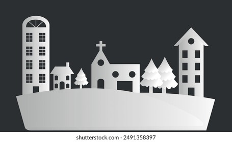 Village skyline with church, residential buildings and pine trees. Vector on black background