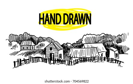 The village, a small ranch. Wooden houses outside the fence. Drawing by hand in vintage style.
