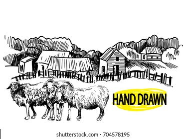 The village, a small ranch. Wooden houses outside the fence. Drawing by hand in vintage style. Herd of sheep.