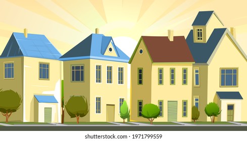 A village or a small rural town. Small houses. Street in a cheerful cartoon flat style. Small cozy suburban cottages with trees. Sun and sky. Vector.