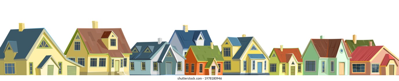 A village or a small rural town. Small houses. Street in a cheerful cartoon flat style. Small cozy suburban cottages with roofs. Isolated Vector.