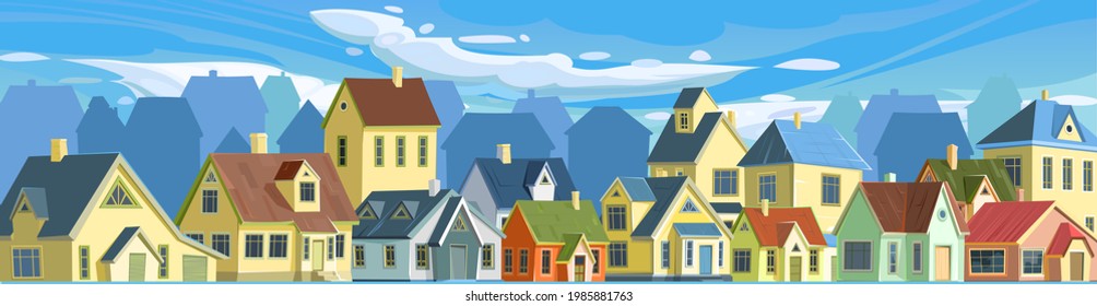 A village or a small rural town. Small houses. Street in a cheerful cartoon flat style. Small cozy suburban cottages. Clouds and sky. Vector.