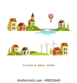 Village. Small town. Rural and urban summer landscape. Vector flat illustration.