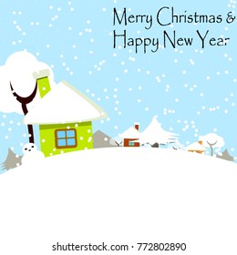 Village in the snow, Merry chirstman and Happy New Year concept, Flat design vector