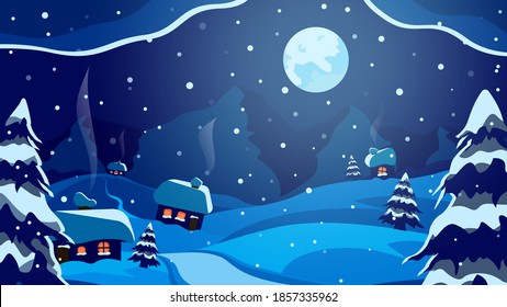 A village in a snowy Christmas landscape at night. Greeting or postal card, vector background