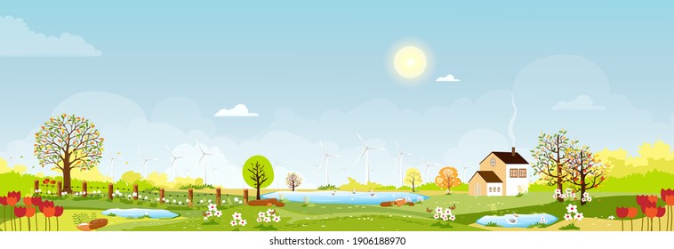 Village Spring Landscape With Tree Illustration, Farm Fantasy Pond, Sun Green Cloud Sky, Field Forest Summer Vector Flower Design For Rural Nature Background, Seasonal Banner And Countryside Scene.