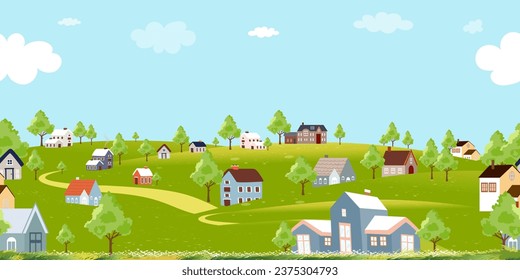 Village Spring Landscape With Tree Illustration, Farm Fantasy Pond, Sun Green Cloud Sky, Field Forest Summer Vector Flower Design For Rural Nature Background, Seasonal Banner And Countryside Scene.