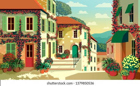 Village square with traditional houses, potted flowers, trees and mountains in the background on a sunny summer day. Handmade drawing vector illustration. Can be used for books, illustrations etc.