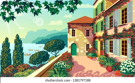 Village square with traditional houses, potted flowers, trees, sea and mountains in the background on a sunny summer day. Handmade drawing vector illustration. Can be used for books, illustrations. 