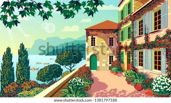 夏の晴れた日に 伝統的な家 鉢植えの花 木 海 山を背景にした村 の広場 手作りの描画ベクターイラスト 本やイラストに使える のベクター画像素材 ロイヤリティフリー