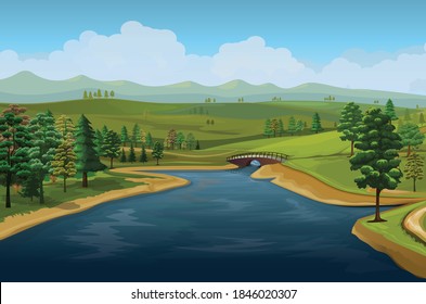 Village stream, quaint river with bridge surrounded by trees and green grass or fields. Low clouds hang in the sky, distant silhouetted hills. 