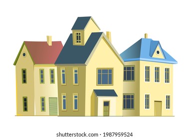 Village. Street with houses. Cartoon cheerful flat style. Village. Small cozy suburban cottages. Gable roofs. Isolated background. Vector.