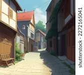 village street illustration, alley, anime, manga style. Peaceful alleyway. Japanese aesthetics illustration, vector landscape for t shirt print. Otaku and hipster fashion design