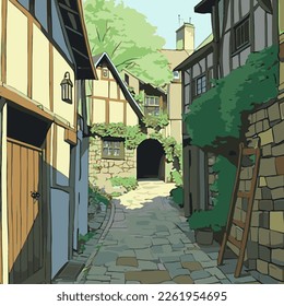 village street illustration, alley, anime, manga style