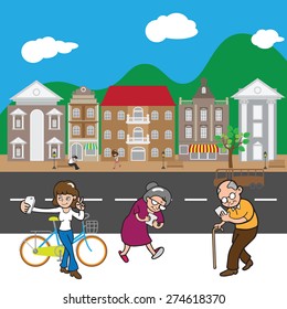 Village street and people internet addiction