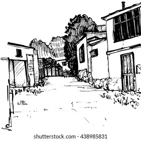 village street, urban sketch, road and buildings, hand drawn vector illustration by ink pen