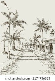 Village streets, palm trees and buildings vector sketch