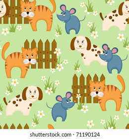 Village style seamless background with dog, cat and mouse