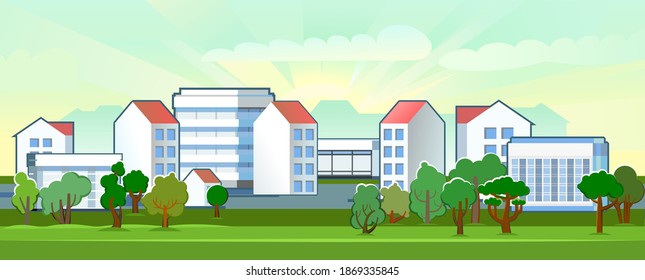 Village. A suburb with small one-story and high-rise buildings. Cozy place of residence. Flat style. Landscape. Vector