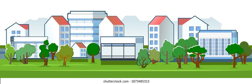 Village. A suburb with small one-story and high-rise buildings. Cozy place of residence. Flat style. Landscape isolated on white background. Vector