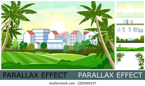 Village in suburbs. Cityscape with palms and sky. Image from layers for overlay with parallax effect. Cozy place of residence. Flat style. Landscape Vector