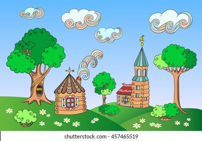 Village summer fantasy landscape with russian wooden hand drawn fairy tail houses, trees, bushes,flowers and clouds. Colorful vector illustration.