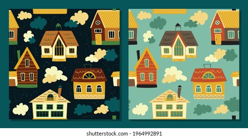 Village, summer house - vector  set seamless patterns. Loop pattern for fabric, textile, posters, gift wrapping paper, napkins, tablecloths. Print for kids, children