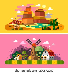 Village sunset landscapes: canyon, desert, cactus, mill, farm buildings, trees, field, bushes, hay. Landscapes of America, Wild West. Vector flat illustrations and backgrounds