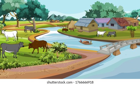 Village Surrounded By Mountains - Illustration