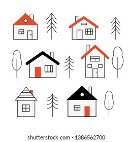 The village is surrounded by trees. Wooden one-story small houses in the forest. Vector illustration. 