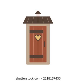 Village toilet. Cartoon object of the farm. Object of rural life. Wooden outdoor cabin. Simple cute flat icon. Clipart, element for design of the game map.