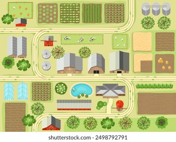 Village top view. Rural landscape background farm buildings and gardens recent vector map template