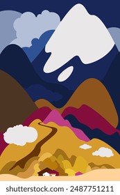 A village or town in a mountainous area with snowy peaks. The road rises from the town into the mountains. Evening after a thunderstorm. Vector illustration.