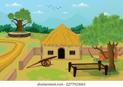 Village town with trees and front of big ground natural countryside vector illustration.