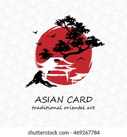 Village with tree and flying birds and red sun hand drawn in traditional japan or china painting style. Vector illustration.