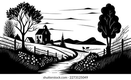 Village vector black line illustration isolated white. Sketch art