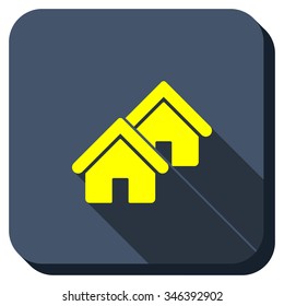 Village vector icon. Style is square rounded button, vector symbol with longshadow, white background.