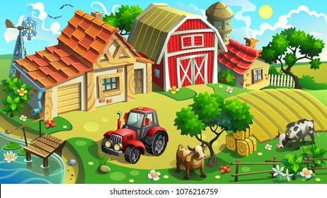 Village, vector illustration. Farm with field, tractor, houses, shed and cows.