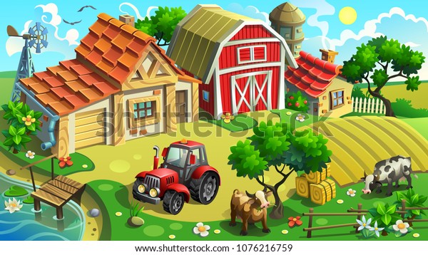 村 ベクターイラスト 畑 トラクター 家 納屋 牛を持つ農場 のベクター画像素材 ロイヤリティフリー