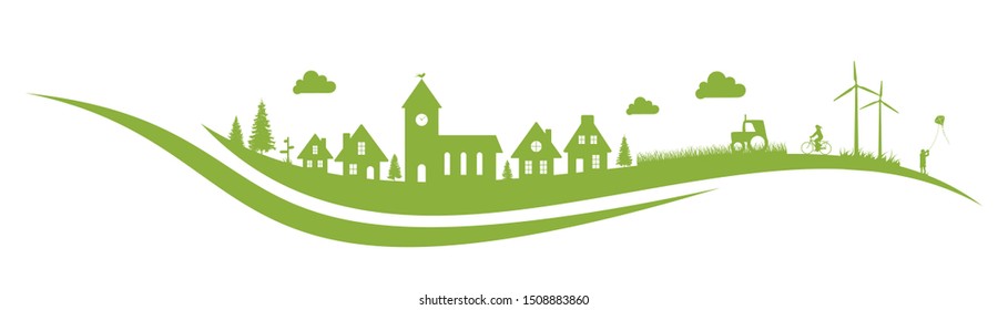 Village vector illustration with green elements