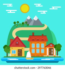Village Vector Landscape with House in a Flat Style