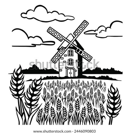 Village vector logo template. Retro Mill and house landscape. illustration