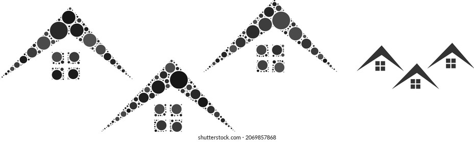 Mosaico vectorial de aldea de puntos redondos de diferentes tamaños y colores. Los puntos redondos se componen de mosaicos vectoriales de pueblo. Concepto de diseño de vector abstracto.