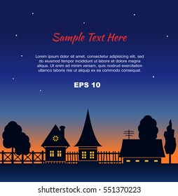 Village view. Vector illustration of villages silhouette at dawn. Countryside silhouette landscape