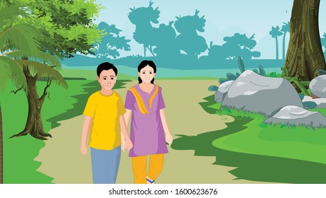 In the village view, young men and lady are walking on foot - illustrator