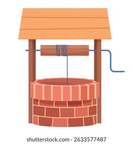 Projeto do poço da aldeia em um fundo branco com um telhado de madeira e sistema de corda para a recuperação da água
